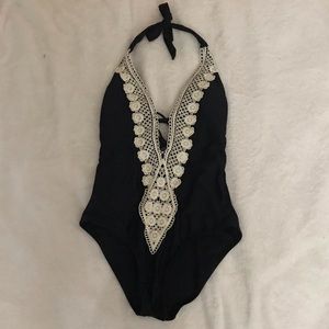 Women’s Crochet Trim Plunge One Piece Swimsuit